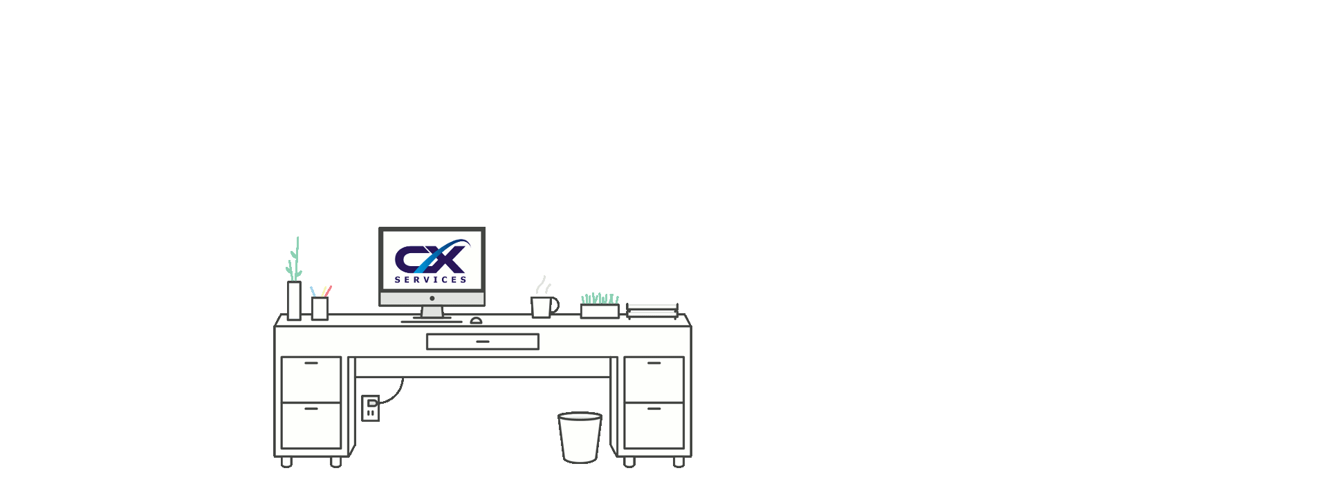 Office Desk With a Laptop on it Displaying The CX Services' Logo